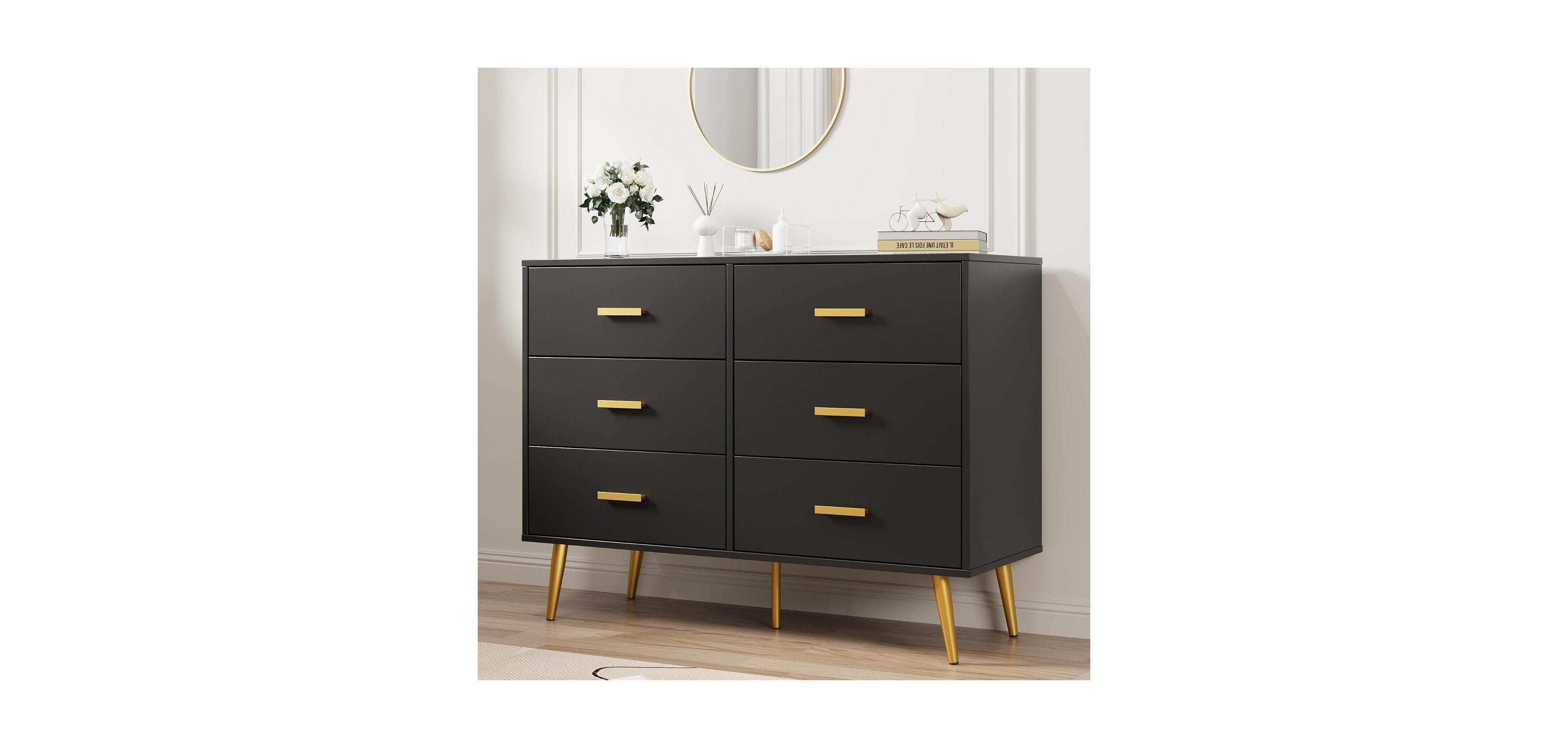 gaomon 6 Drawer Dresser, Modern Wooden Chest of Drawers with Gold Handles, Deep Drawers for Bedroom, Living Room and Entryway