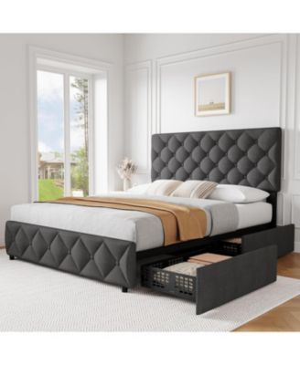 Bed Frame with 4 Storage Drawers and Adjustable Headboard, Linen Upholstered Platform Beds