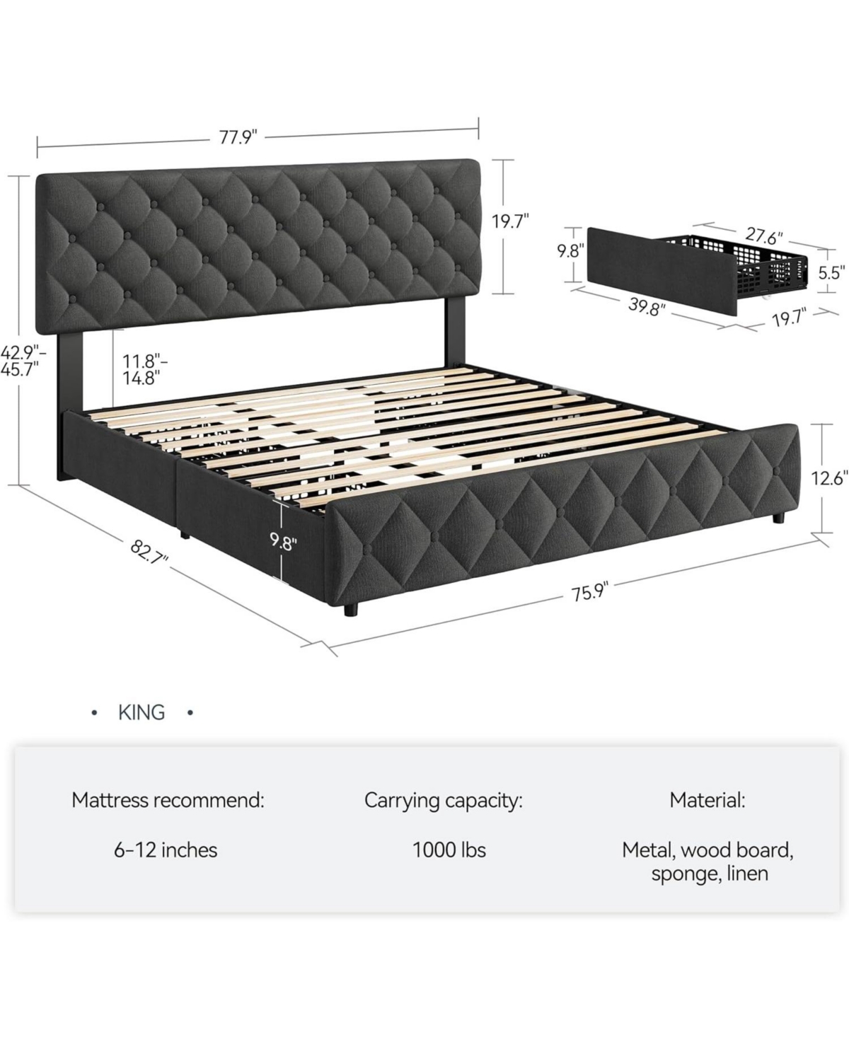 Gaomon Bed Frame with 4 Storage Drawers and Adjustable Headboard