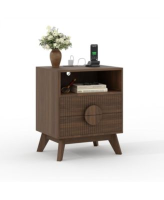 Fluted Night Stand Wood Tall Nightstands with Charging Station, End Table with 2 Drawers