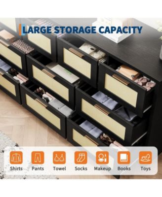 Rattan Dresser with 10 Drawers – Bedroom Storage Chest with Tabletop Organizer and TV Stand for Living Room and Hallway 60x16x32 Inches