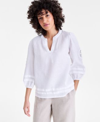 Women's 100% Linen Pintuck-Trim Top