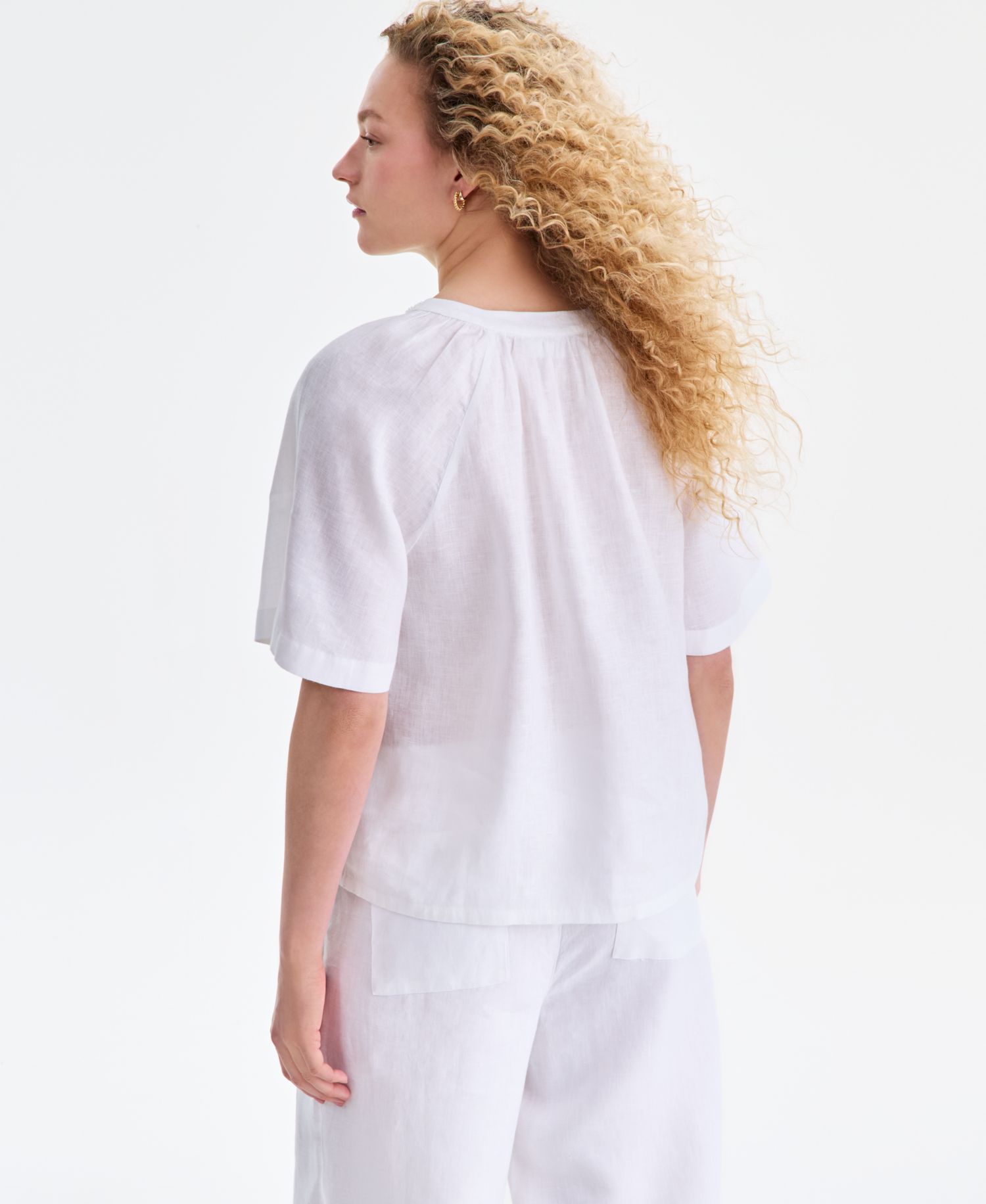 Women's 100% Linen Embellished-Neck Elbow-Sleeve Top
