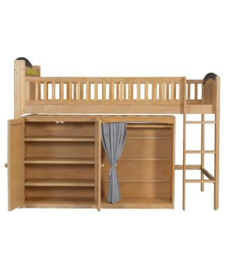 Loft Bed with Storage Cabinet, Wardrobe & LED Wood Espresso