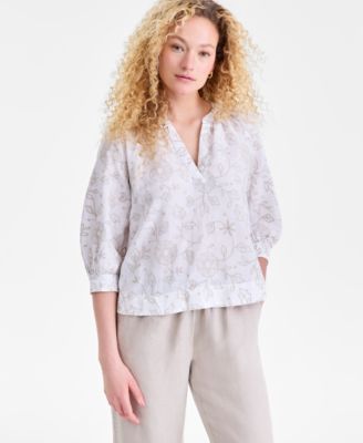 Women's 100% Linen Embroidered Popover Blouse