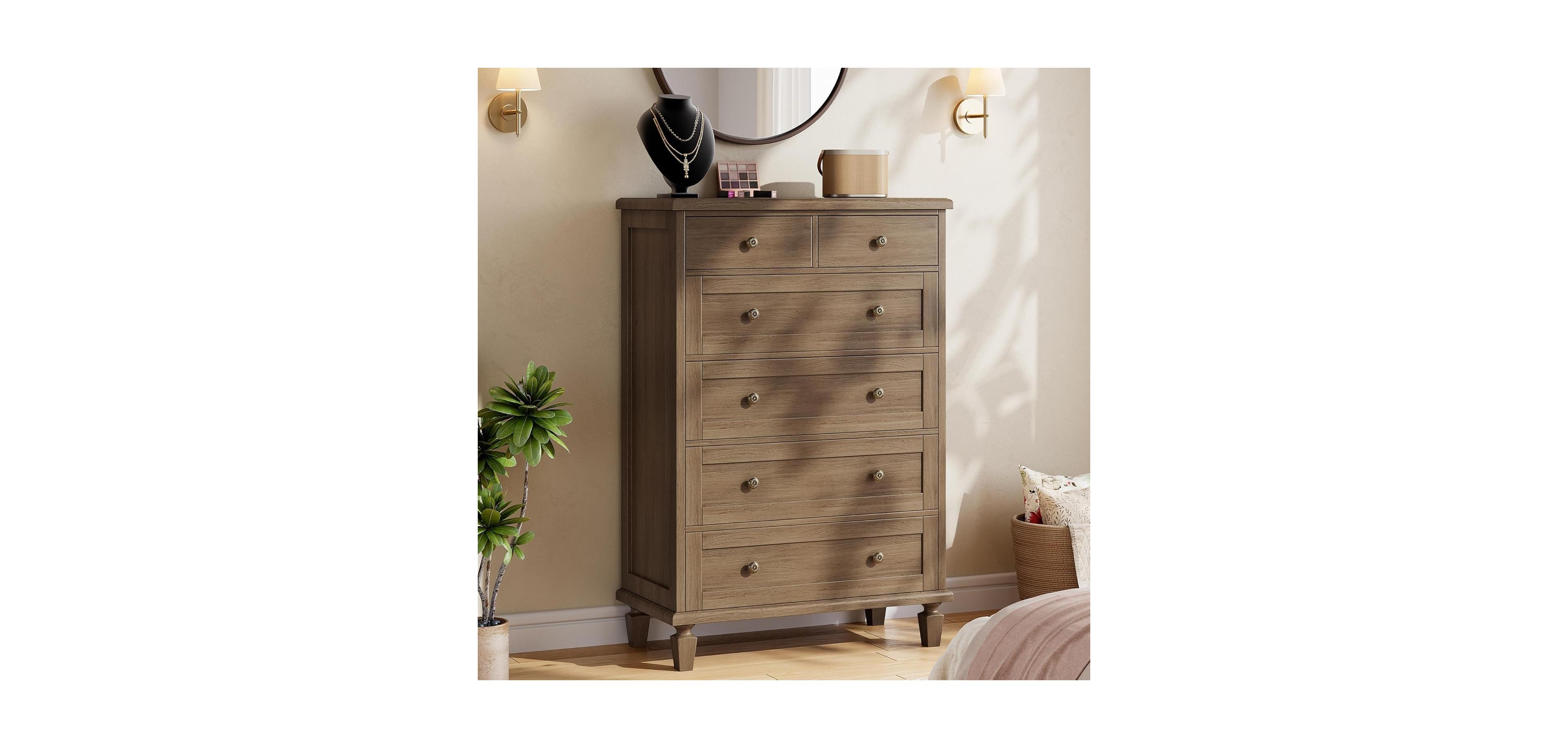 Gaomon Vintage 6-Drawer Tall Dresser, Wooden Storage Chest with Carved Handles for Bedroom