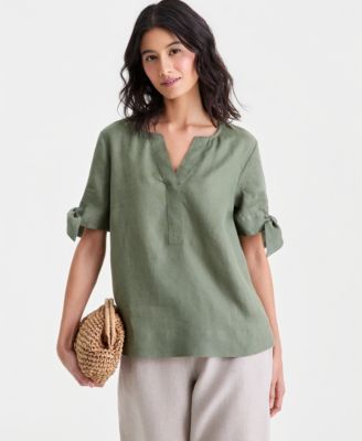 Women's 100% Linen Split-Neck Tie-Cuff Top
