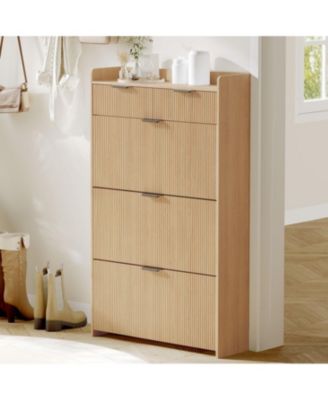Oak Modern Fluted Entryway Shoe Cabinet - 3 Flip Drawers 2 Small Drawers + Hook Slim Organizer