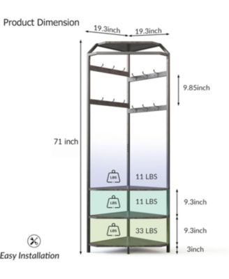 Corner Hall Tree with Shoe Bench - 6 Double Hooks Storage Coat Rack for Entryway Corner