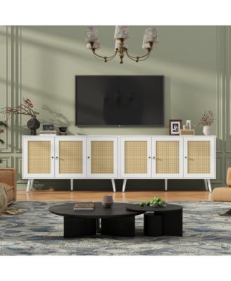 Rattan Storage Cabinet with 3 Doors, Boho Sideboard Buffet Cabinet Wood Farmhouse Credenza Cabinet