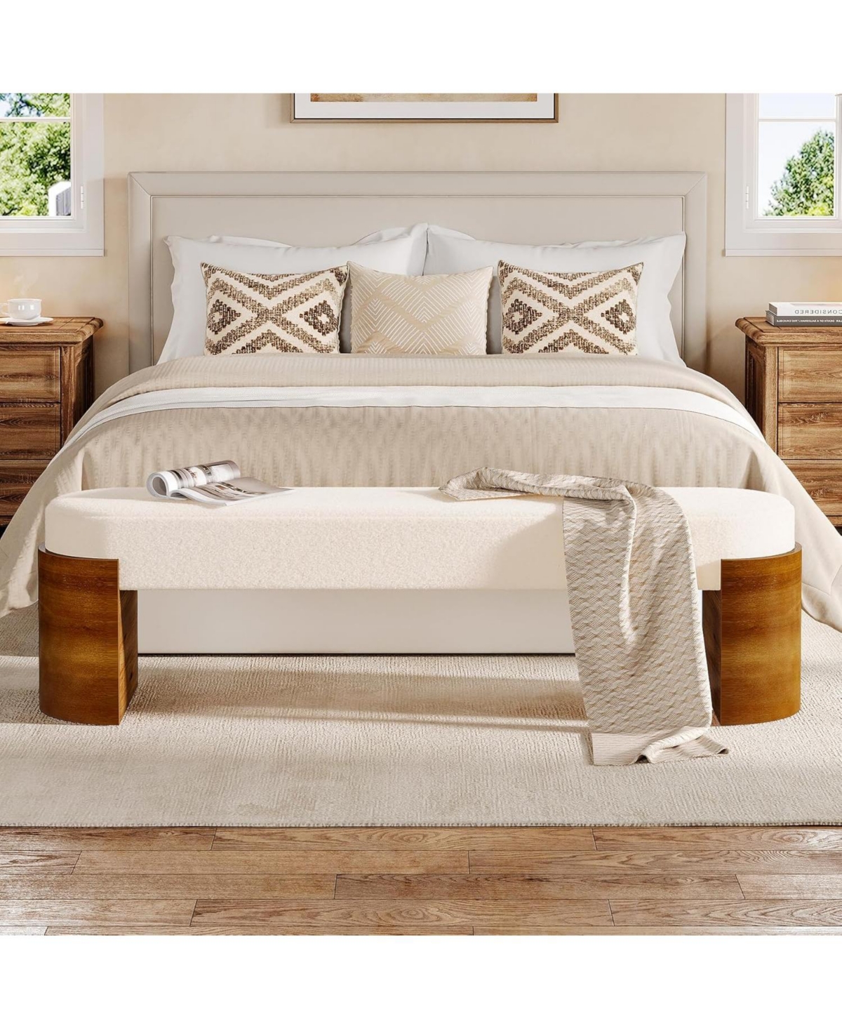 Tribesigns 59" Upholstered End of Bed Bench, Modern Entryway Bench with Engineered Wood Frame, Oval Ottoman with Faux Lambswool Fabric