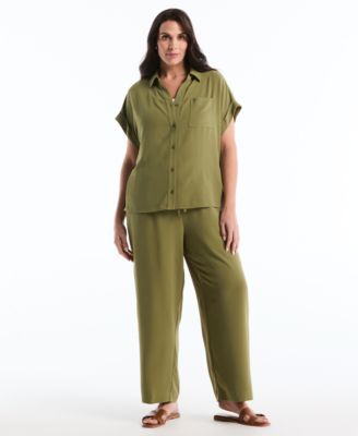 Plus Size Roll Short-Sleeve Shirt and Drawstring Wide-Leg Pants