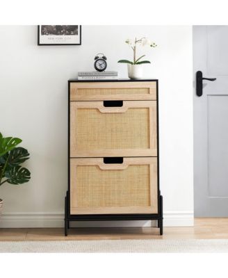 Entryway Freestanding Rattan Shoe Cabinet, 2 Flip Drawers + 1 Drawer Storage