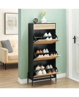 Modern Rattan 3 Flip Door Shoe Cabinet - Freestanding Entryway/Hallway Storage Organizer