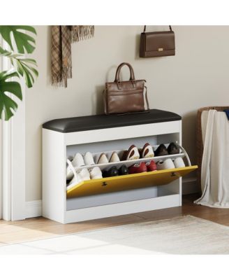 Modern Entryway Shoe Storage Bench with Flip Drawer, PU Cushion & Tipping Bucket Organizer
