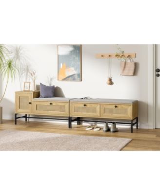 Oak Rattan Entryway Shoe Bench - Wooden with Linen Cushion Storage Drawer & Cabinet
