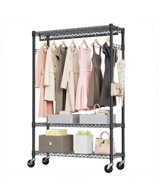 Heavy Duty Garment Rack on Wheels, 3 Tiers Adjustable Wire Shelving, Clothes Rack with 1 Rods and Side Hooks for Bedroom and Wardrobe