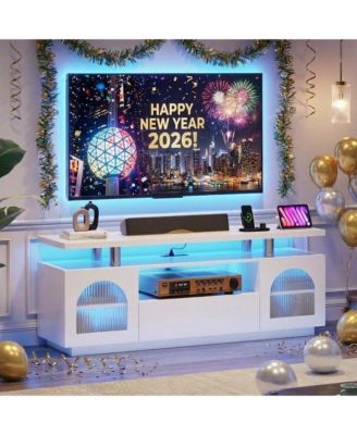 LED TV Stand with Storage, 55/60/65 Inch Entertainment Center with LED Lights, Power Outlets & Adjustable Shelves