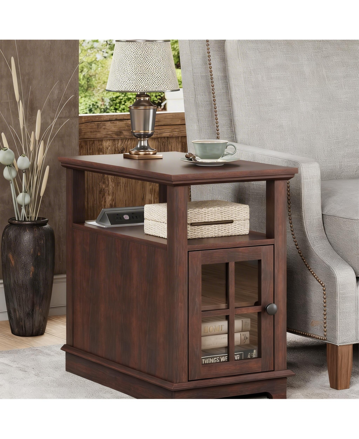 Yigii Adjustable Shelf, Hidden Charging, Multi-Use End Table with storage space