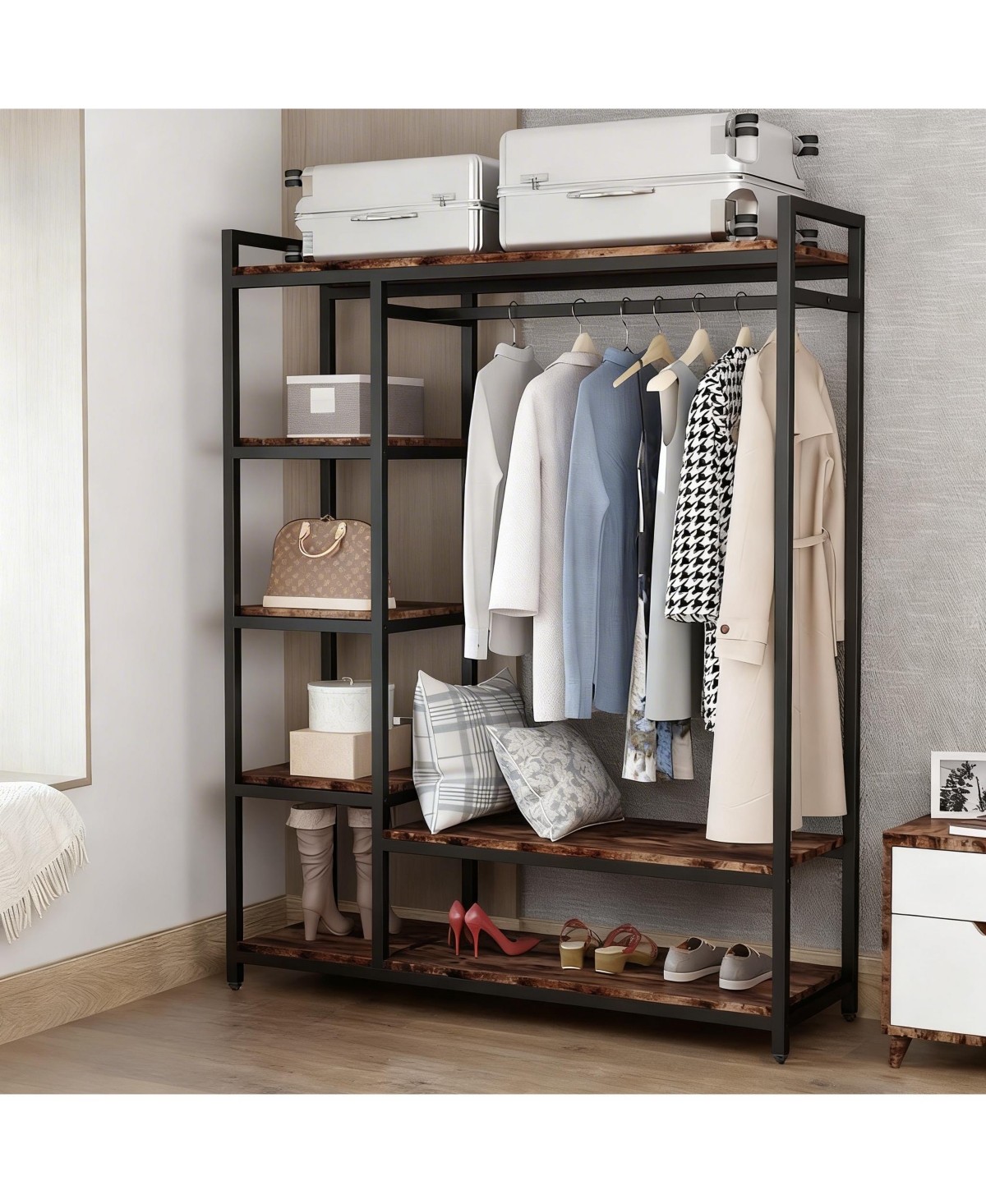 Yigii Heavy Duty Metal Frame Closet Organizer with Shelves and Rods for Clothes