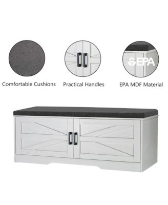 2-Tier Storage Bench, Modern Entryway Bench with Soft Cushions, 2 Barn Doors and 2 Adjustable Shelves for Foyer, Living Room and Hallway