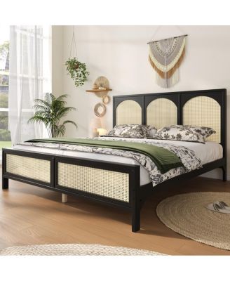 Queen Wood Platform Bed with Rattan Headboard/Footboard