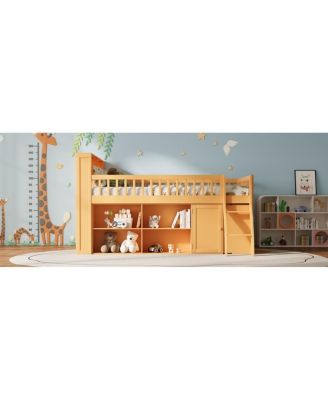 Queen Size Loft Bed with Storage, Headboard with LED Light, Natural