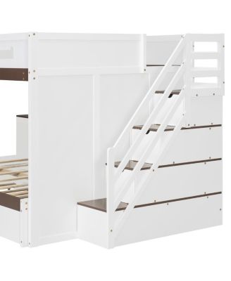 96 inches Full Over Full Bunk Bed with Twin Size Trundle and Staircase, Shelves, LED