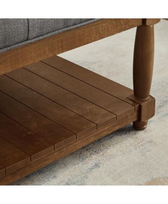 Large Square Tufted Linen Ottoman Coffee Table with Solid Wood Shelf - Granite