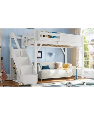 Twin Loft Bed with Wardrobe, Storage, Shelves, Guardrails, Stairs