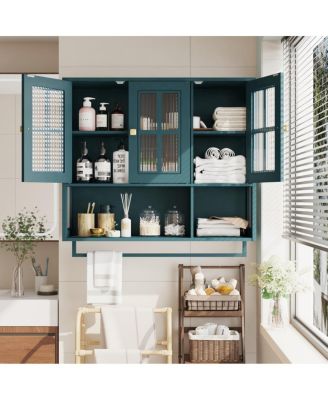 Bathroom Wall Cabinet, 3-Door Wooden Cabinet with Open/Hidden Storage