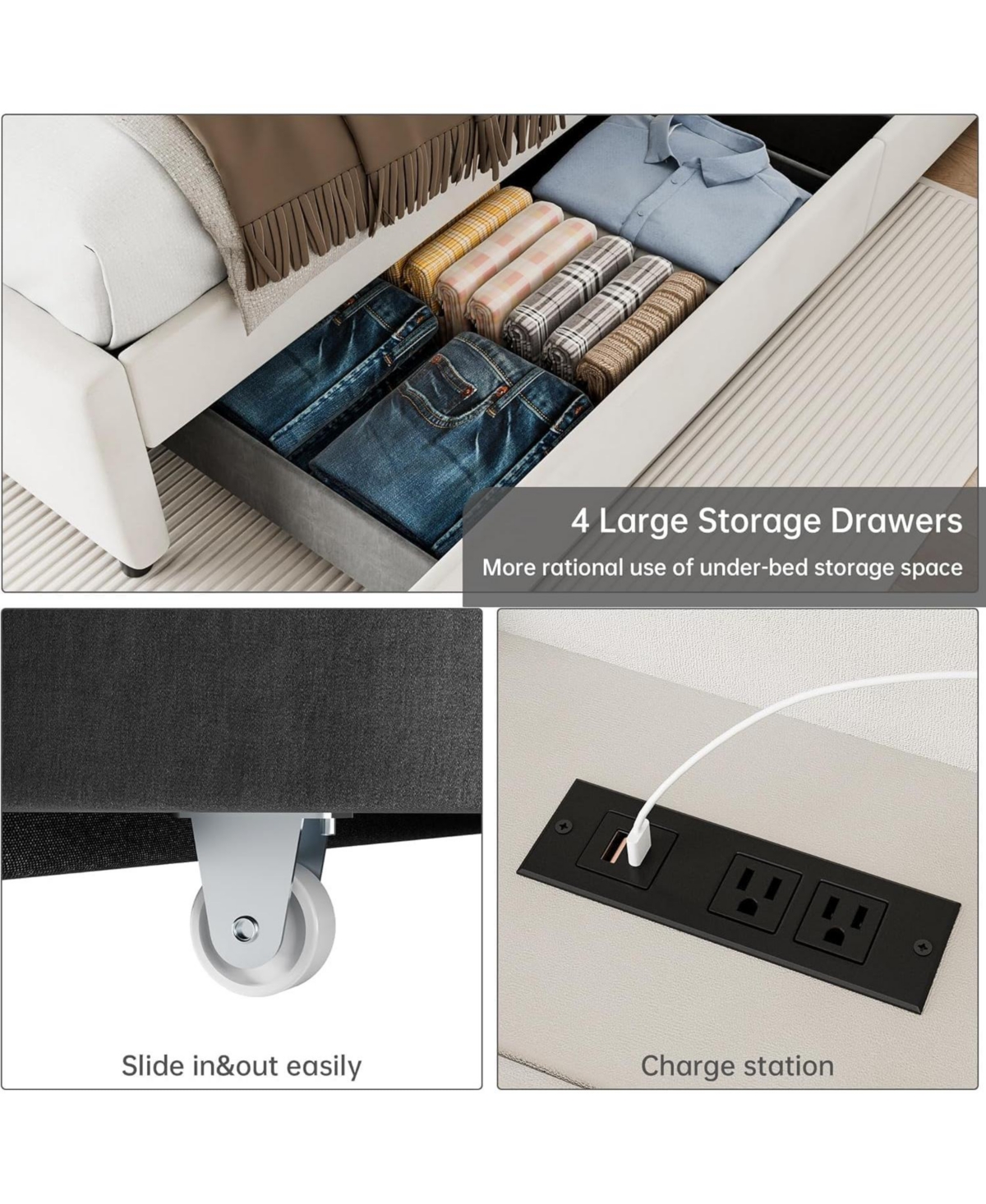 gaomon Queen Upholstered Diamond-Tufted Trundle & 4-Drawer Bed Frame