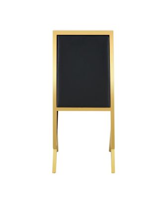 4-pack gold metal framed black PU dining chairs with ergonomic design.