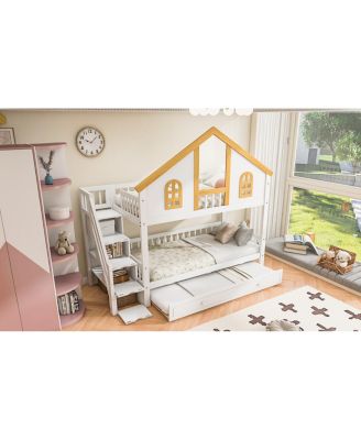 Streamdale Twin Size Wooden House Bunk Bed with Storage Staircase & Trundle