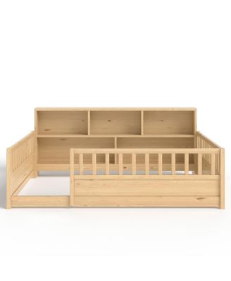 Wooden floor bed with fence guardrail & side storage.