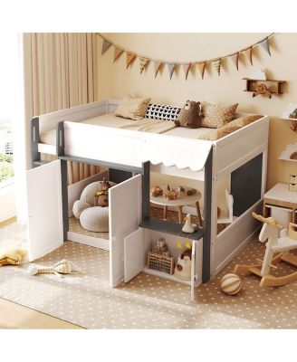 Full Loft House Bed with Playhouse & Storage, Modern Wood Cabin Bed for Kids/Teens