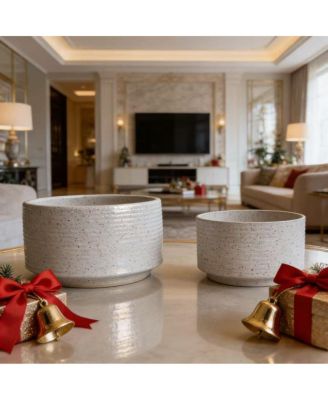 Handmade Ceramic Planter Set (2), 11" & 8" Ridged, Breathable Clay for Plants