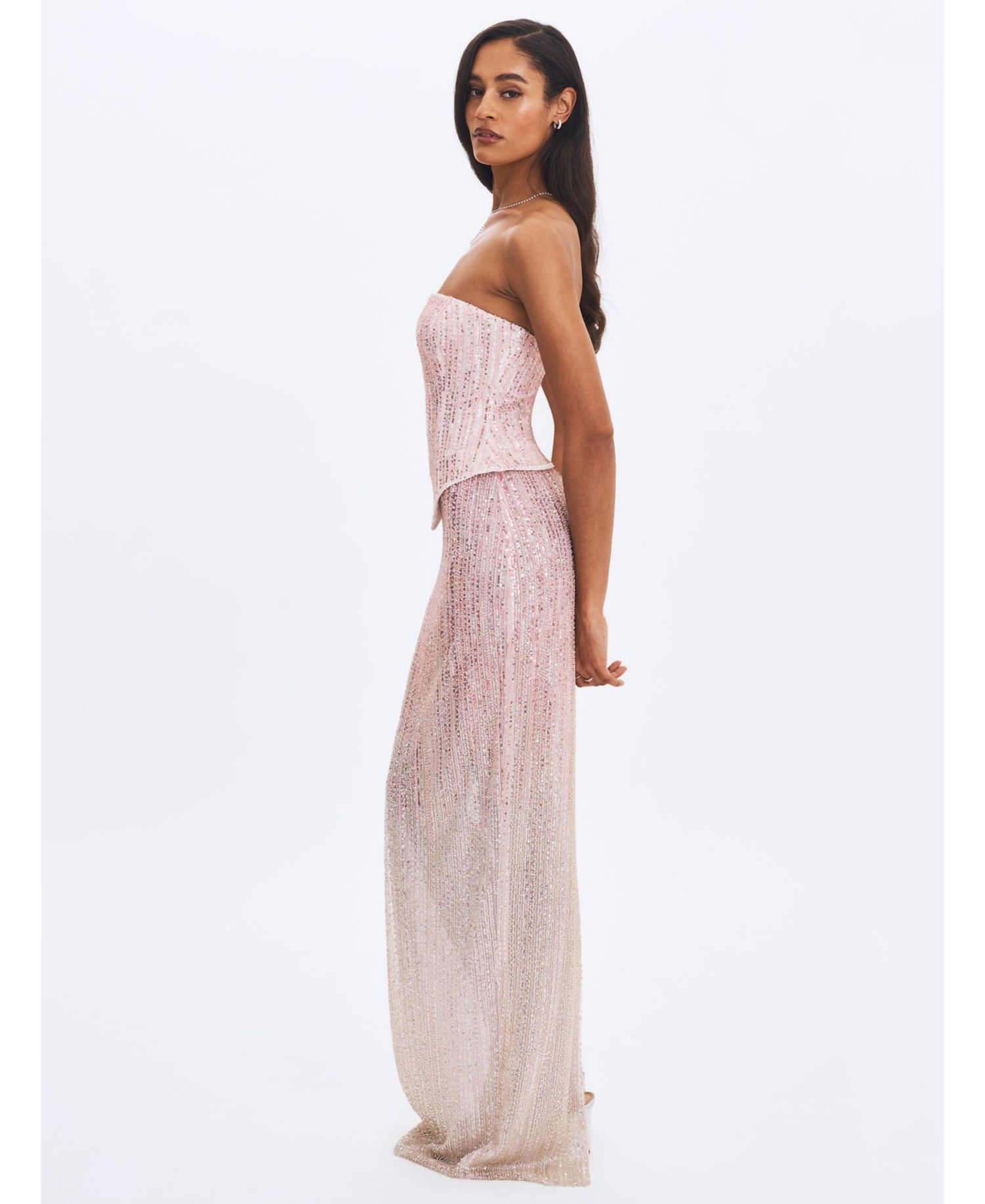 Women's Tosca Pink-to-White Beaded Gradient Strapless Maxi Dress