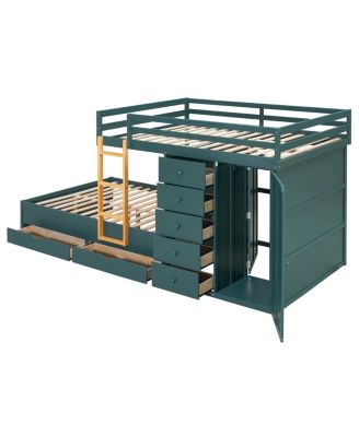 Full Size Bunk Bed with 2 Large & 5 Small Drawers, Wardrobe