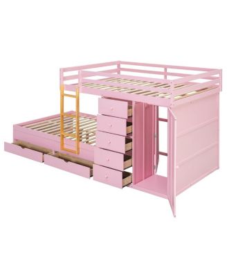 Full Size Bunk Bed with 2 Large & 5 Small Drawers, Wood & MDF