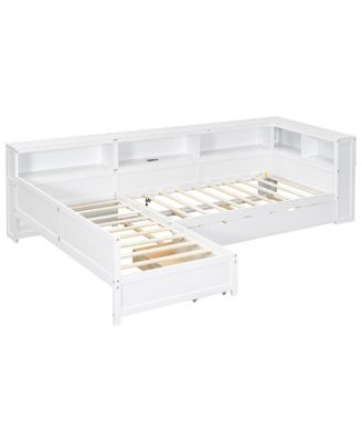 Wood Twin L-shaped Platform Bed with Trundle & Drawer