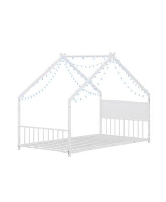 Twin Size House Bed with Roof & Lights, Metal Frame, No Box Spring