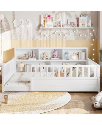  Wooden Floor Bed With Fence Guardrail & Side Storage