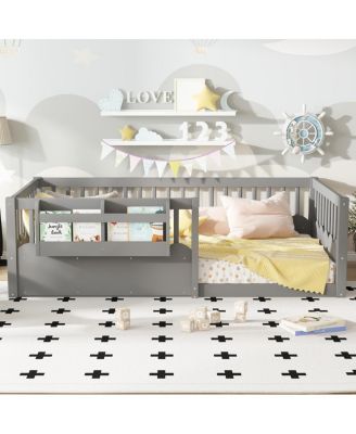  Twin Floor Bed with Fence & Bookshelf, Wood Kids Bed