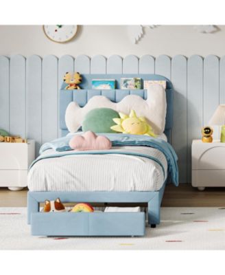 Twin Bed Frame with Storage Headboard, Velvet Upholstered Platform Bedframe for Kids, Girl Bed, Strong Wooden Slats, Noise-Free, Easy Assembly