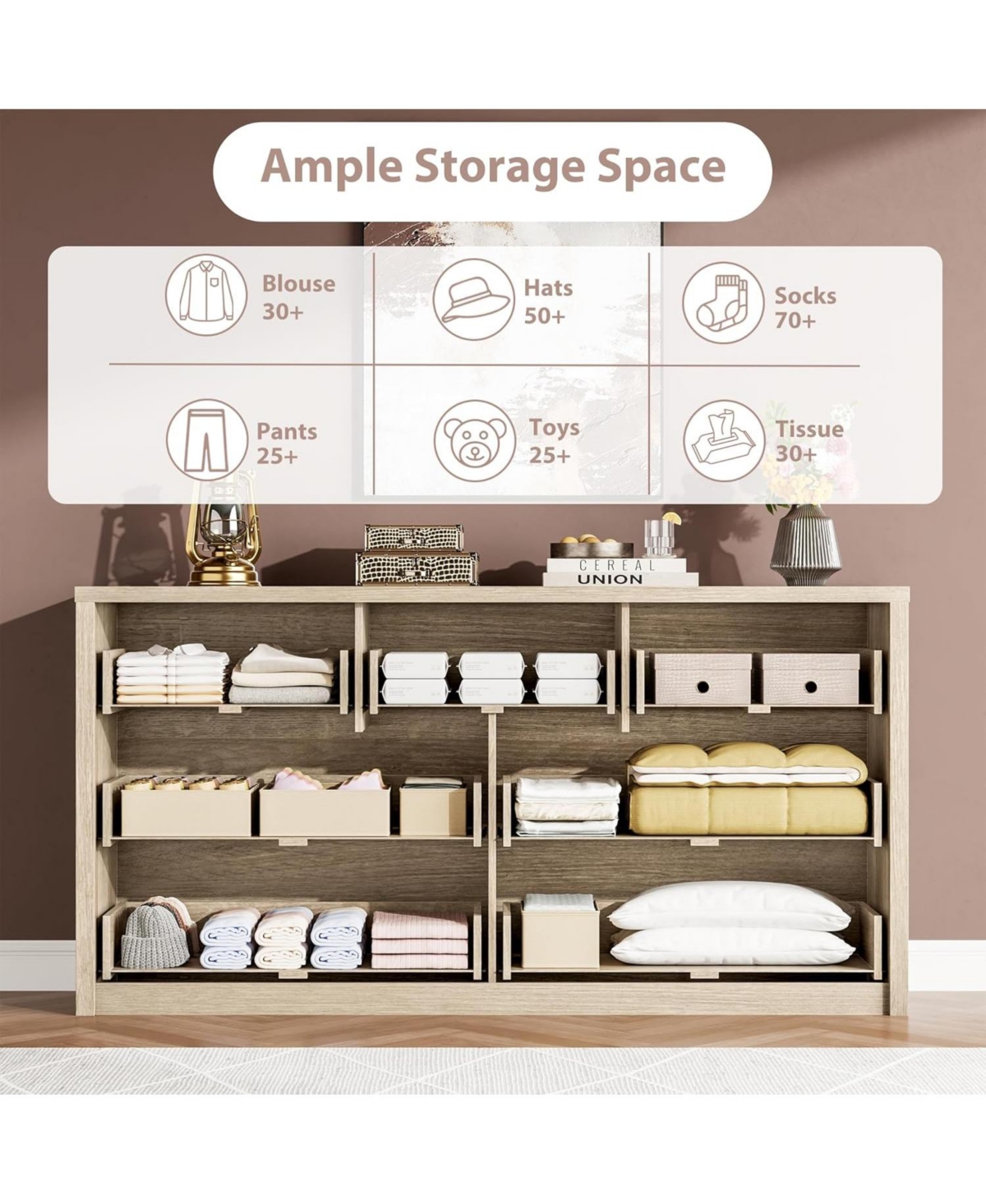 gaomon 7 Drawer Wide Dresser, Modern Wooden Storage Chest for Living Room, Hallway