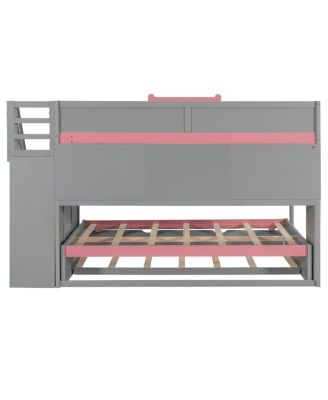  Full Over Full Bunk Bed with Twin Size Trundle and Staircase, Shelves, LED