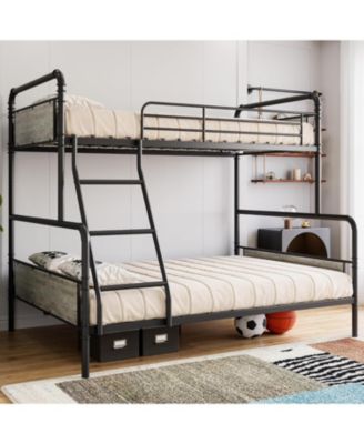 Metal Bunk Bed Twin Over Full Size with Angled Ladder, High Guardrail, Heavy Duty Bunk Bed Frame with Metal Slats, Smooth Rounded Edges