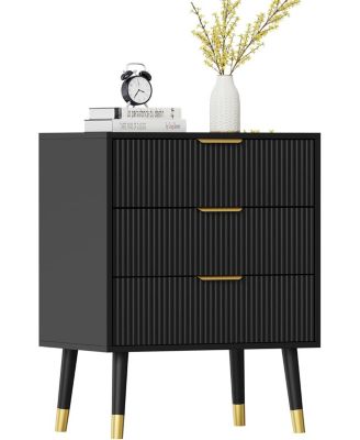 Fluted 3 Drawer Dresser Set of 2, Large Modern Nightstand Cabinet with Gold Metal Handles, End Table Wood Chest of Drawers for Bedroom.