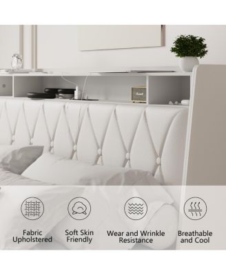 Queen Bed Frame with Ergonomic Headboard, Outlets & Storage Shelf